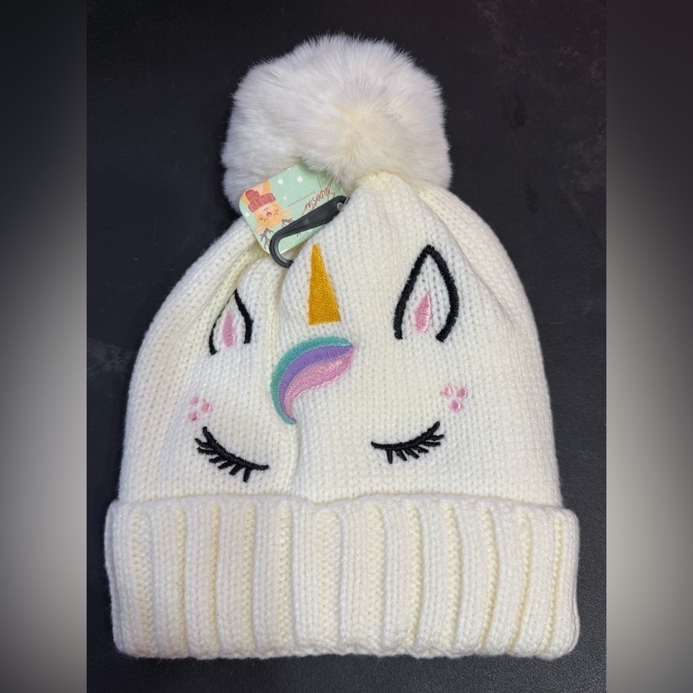Unicorn Knit Beanie with Pom Pom - White